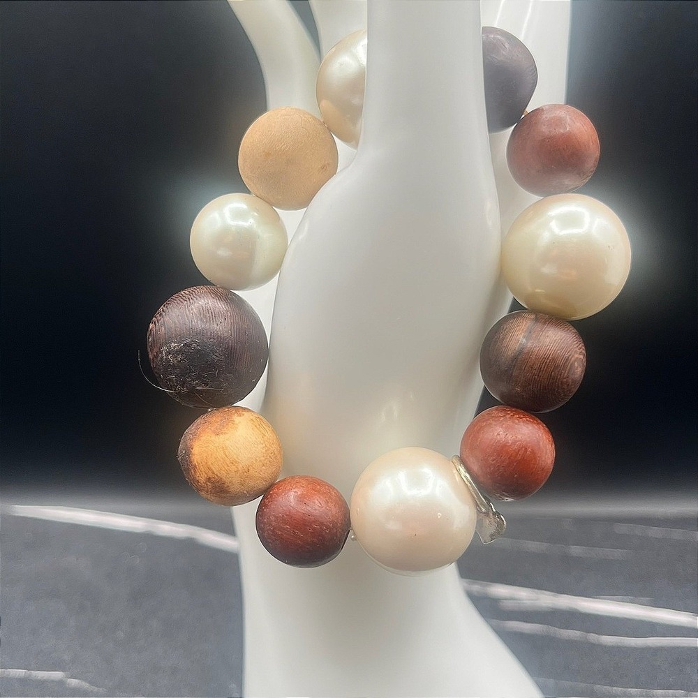 Vintage 90s Chunky Wood Faux Pearl Stretch Bead Bracelet Statement Jewelry